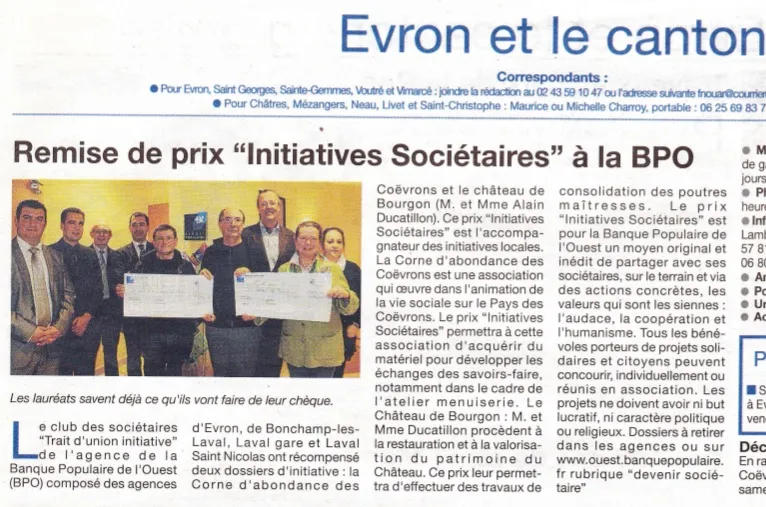 Récompense : Prix "initiatives sociétaires" BPO